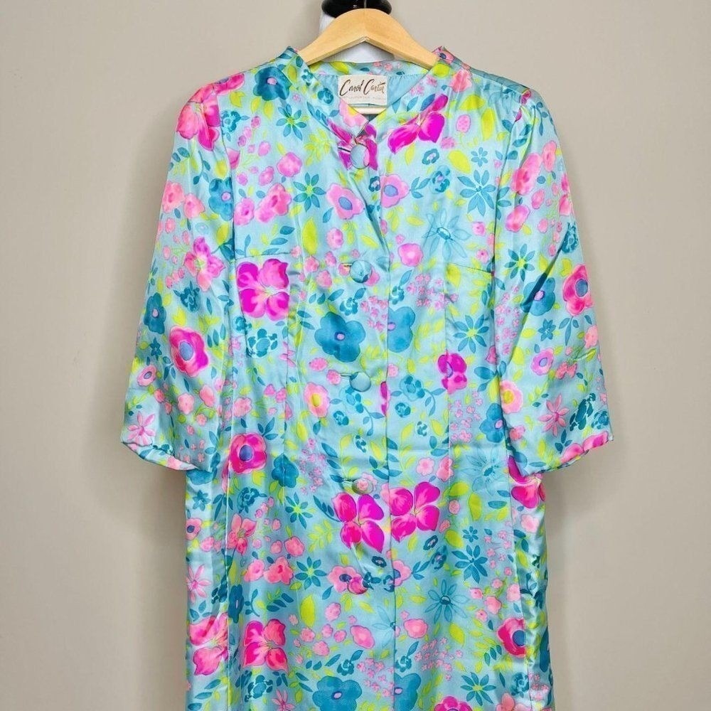 Vintage Floral Trench Coat Overcoat Blue Pink Psychedelic Mod 60s Mid Length
